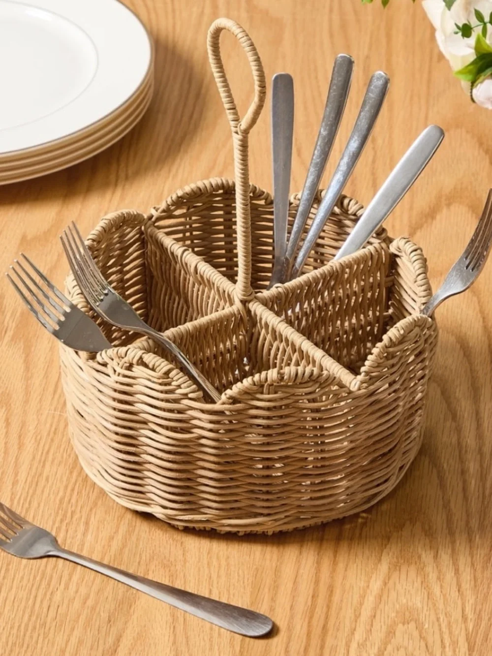 Texas House Rattan Scallop Utensil Holder, Brown, 8.25